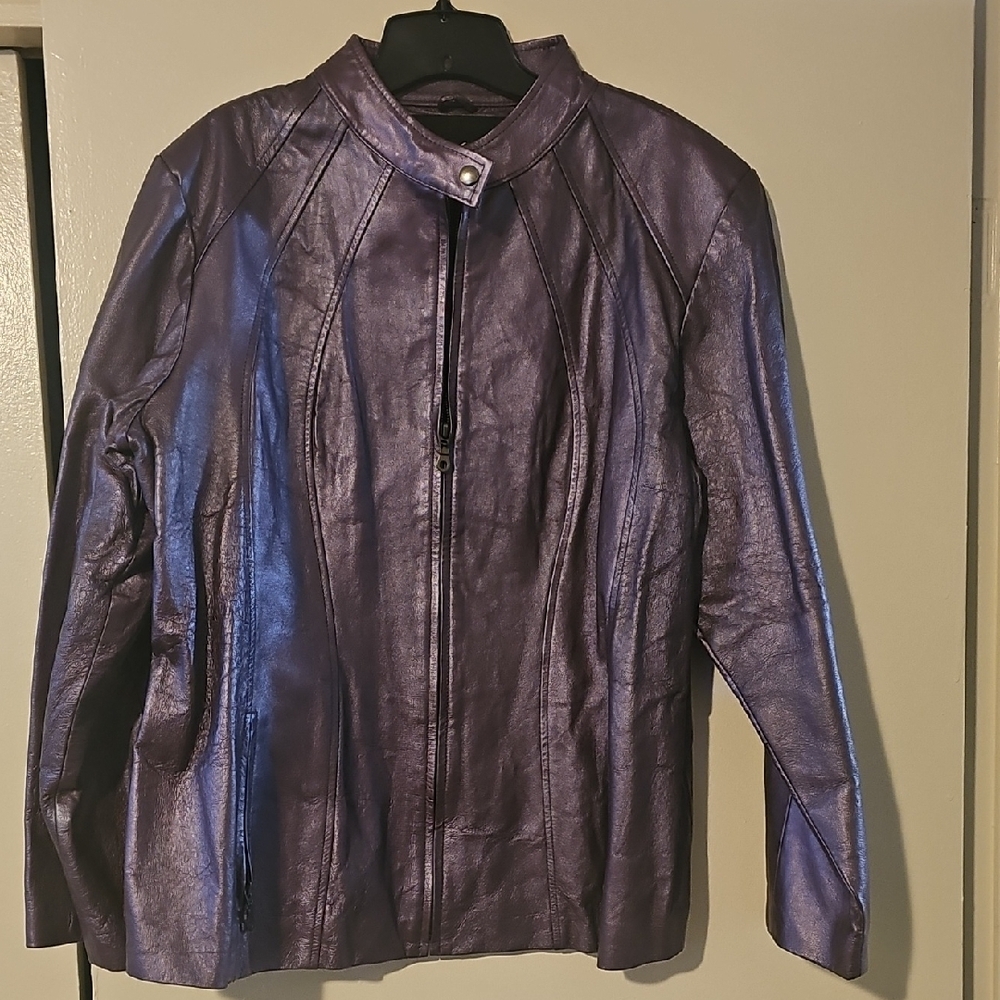 Ashley Stewart Purple Leather Jacket with Iridescent Finish